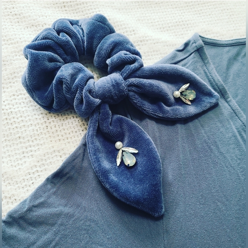 Velvet Hair Scrunchie Bow with Glass Crystals and Pearls - Dusty Blue